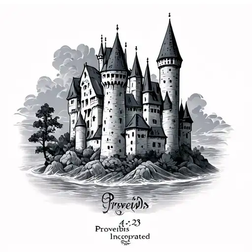 Proverbs 4 23 incorporated castle surrounded tattoo design idea