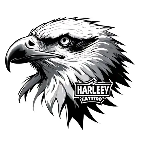 Head of the white head sea eagle looking upwards in half perspective, including Harley logo classic, including street tattoo design idea