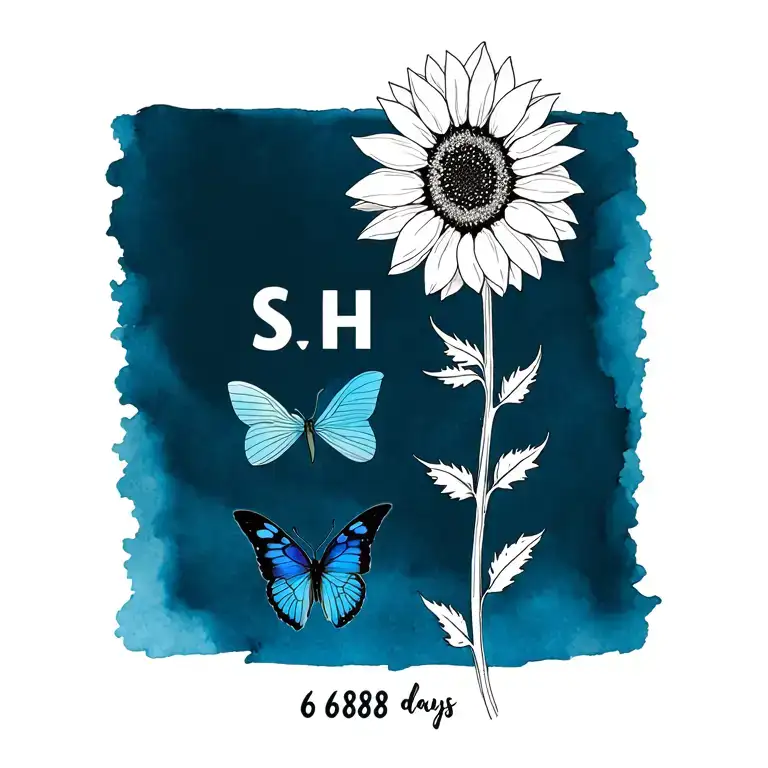 black & white fine line sunflower with initials S H incorporated into stem & blue butterfly & 6,888 days at bottom tattoo design idea