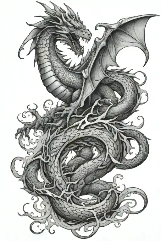dragon flowing down in perspective tattoo design idea
