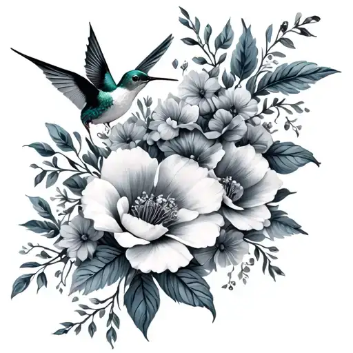 wrap around flowers w hummingbird tattoo design idea