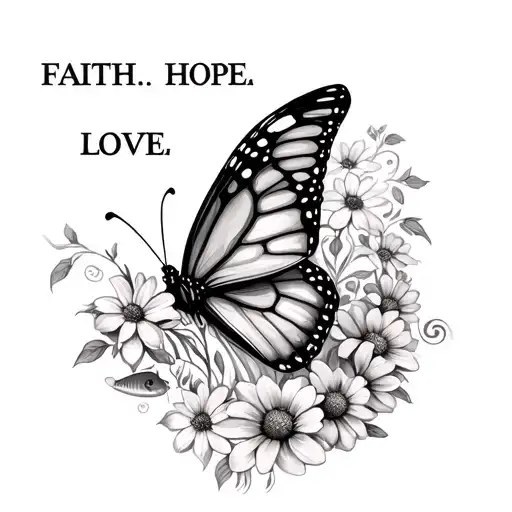 "FAITH.HOPE.LOVE" Butterfly with one wing being flowers growing the body a semi colon and a hidden fish and wave in the flowers wing tattoo design idea