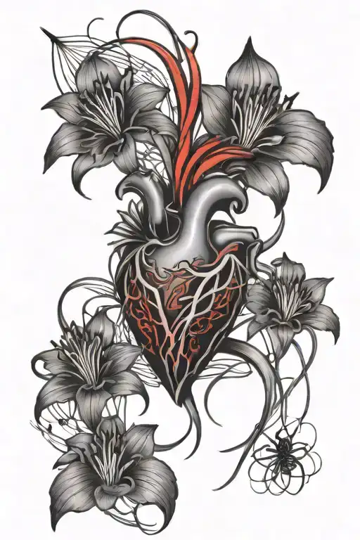 realistic heart with blade going through it and red spider lily's around it  tattoo design idea