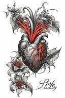 realistic heart with blade going through it and red spider lily's around it  tattoo design idea