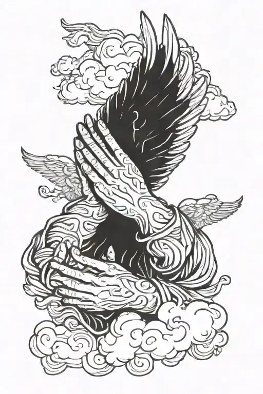 Obdulio with wings spread wide clouds surrounding praying hands  tattoo design idea