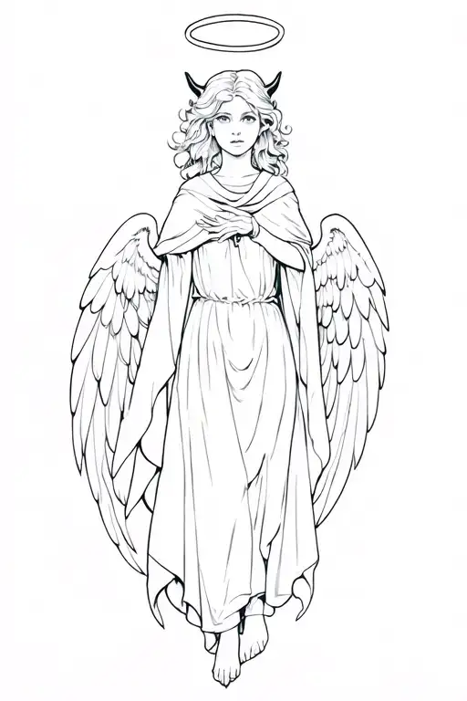 a young female angel with devil wings and cloak amd have a halo on her head  tattoo design idea