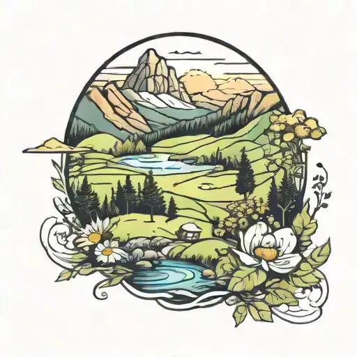 a peaceful valley with meadow   tattoo design idea