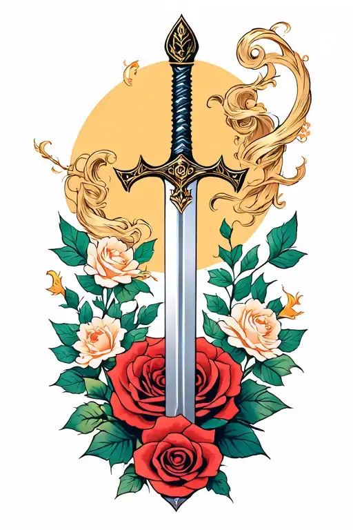 A minimalist design of the Mulan family sword intertwined with a rose from Beauty and the Beast tattoo design idea