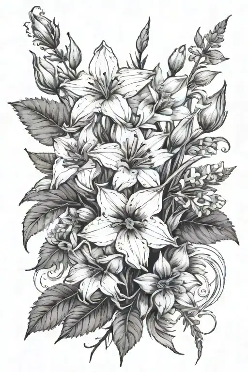 1 larkspur, 1, aster or morning glory, 3 daffodils, 1 violet, 1 carnation or snowdrop. (make a bouquet)  tattoo design idea