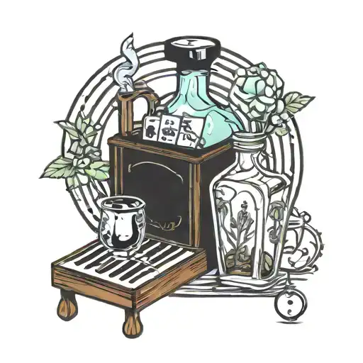 tarot card, potion bottle, piano keys, flower tattoo design idea