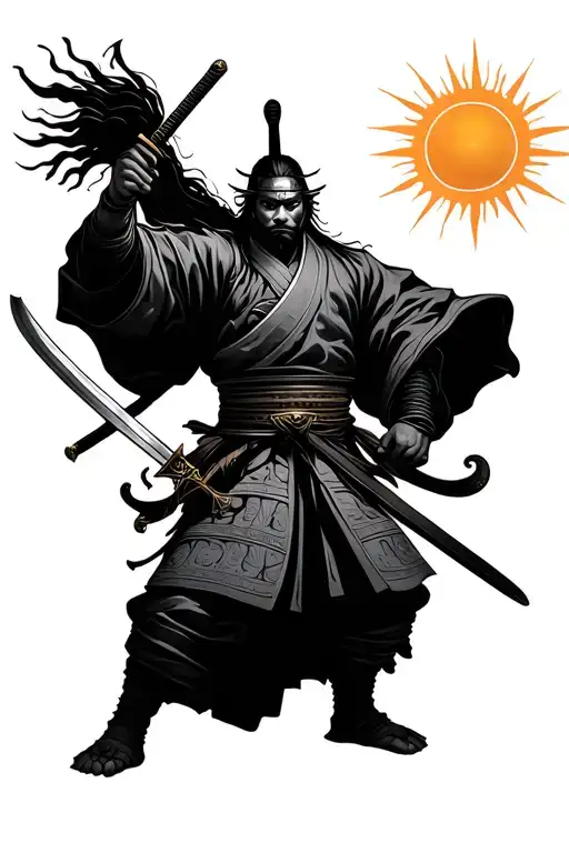 samurai with sword lifted and sun on head surrounded tattoo design idea