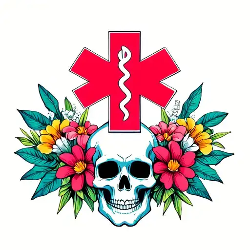 "Memento Mori " "Memento Mori " "Memento Mori " "Memento Mori " EMS star of life surrounded by Hawaiian flowers and leaves with skulls tattoo design idea
