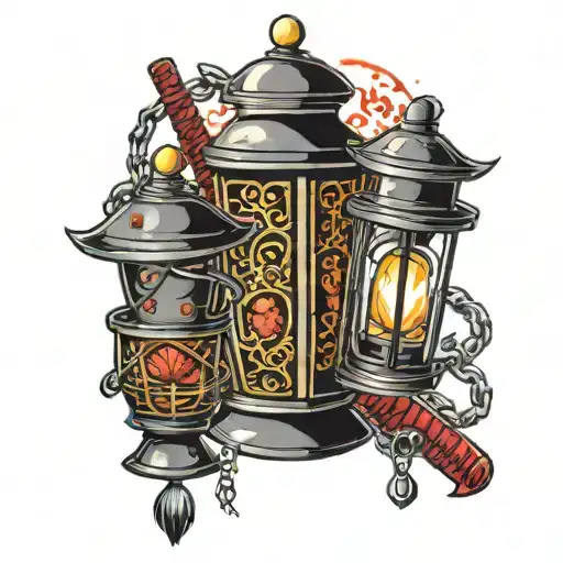 a katana and a lantern linked by a chain tattoo design idea
