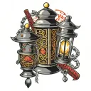 a katana and a lantern linked by a chain tattoo design idea