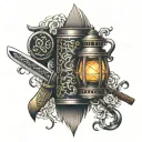 a katana and a lantern linked by a chain tattoo design idea