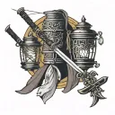 a katana and a lantern linked by a chain tattoo design idea