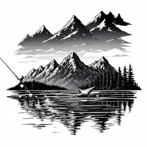 mountains and fishing rod tattoo design idea