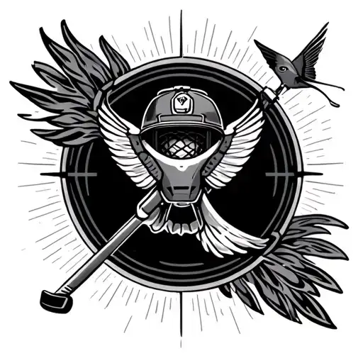 holy trinity symbol, fire fighter helmet, hockey goalie stick, humming bird tattoo design idea