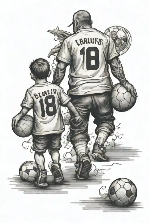 football fan from behind walking with 2 children tattoo design idea