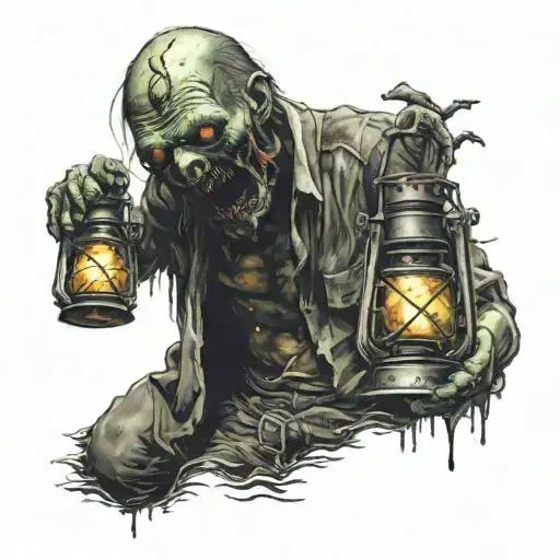 The zombie holds a lantern and looks straight into the soul tattoo design idea
