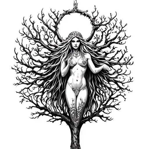 sexy freya norse goddes grows on tree tattoo design idea