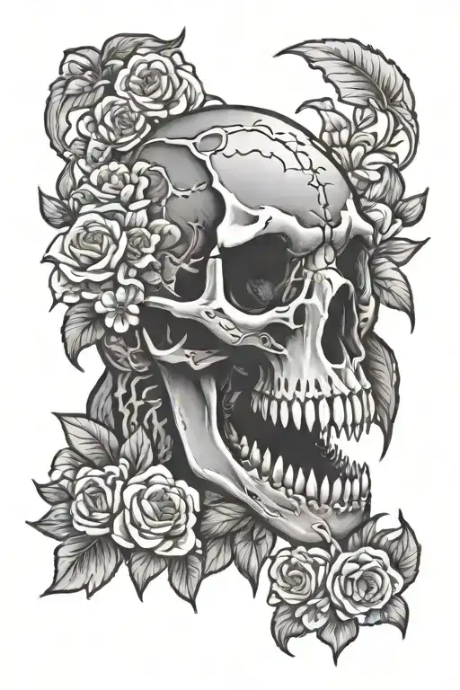 trex skull surrounded by flowers tattoo design idea