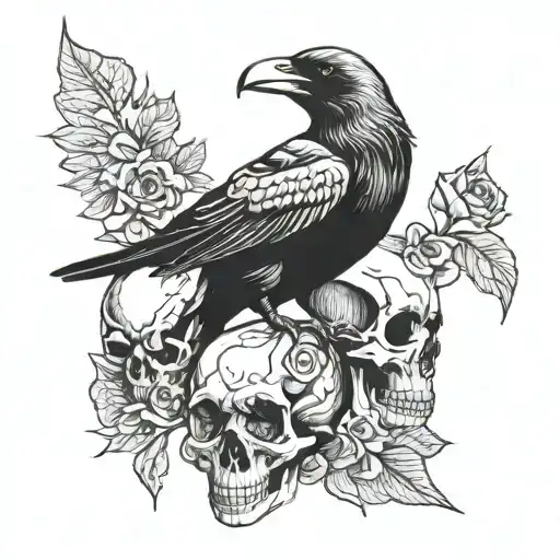 An intricate design featuring a crow perched on a skull, symbolizing the client's love for both birds and gothic elements tattoo design idea