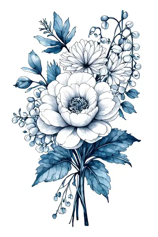 fine line bouquet of peony, ranunculus, dahlia, lily of the valley and peony tattoo design idea