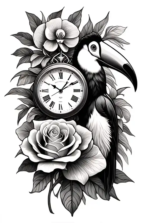 2 clocks - Rose - Orchid - Toucan - the Holy Beard - fleur de lys  connect with Tahitian patterns for men tattoo design idea