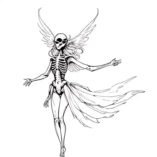 full body of Maman Brigitte flying horizontal wear a half opera mask and half skeleton for face tattoo design idea