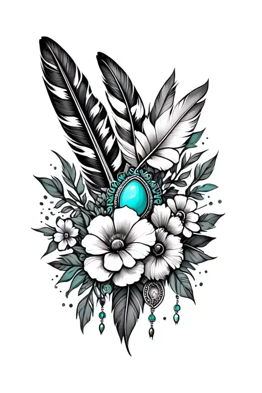 multiple feathers, american flag,and turquoise western jewelry, flowers, with aztec pattern gap fille, with green leaves tattoo design idea