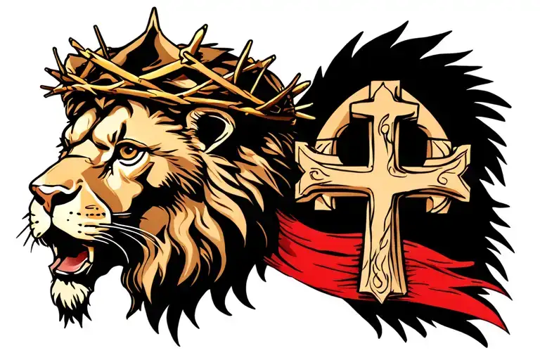 lion wearing crown of thorns and 3 crosses jesus cross tattoo design idea