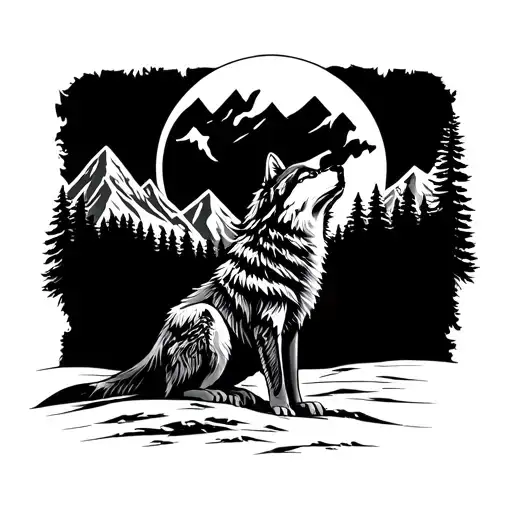 A tattoo of a majestic wolf howling at the moon, with a silhouette of mountains and a forest in the background tattoo design idea