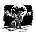 A tattoo of a majestic wolf howling at the moon, with a silhouette of mountains and a forest in the background tattoo design idea