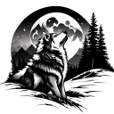 A tattoo of a majestic wolf howling at the moon, with a silhouette of mountains and a forest in the background tattoo design idea