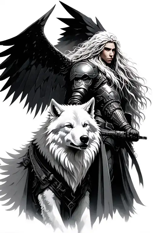 human dark angel soldier with a long haired white wolf ready for battle tattoo design idea