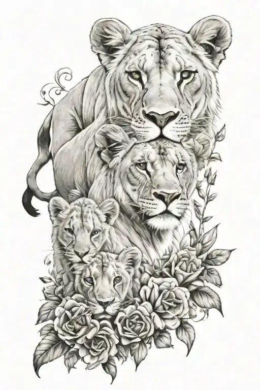 lioness with two cubs and flowers tattoo design idea