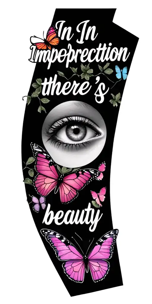"In imperfection there’s beauty" butterflies, tired eye and cherry trees colors sunset tattoo design idea