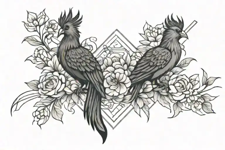 phoenix with horizontal line and peonies tattoo design idea