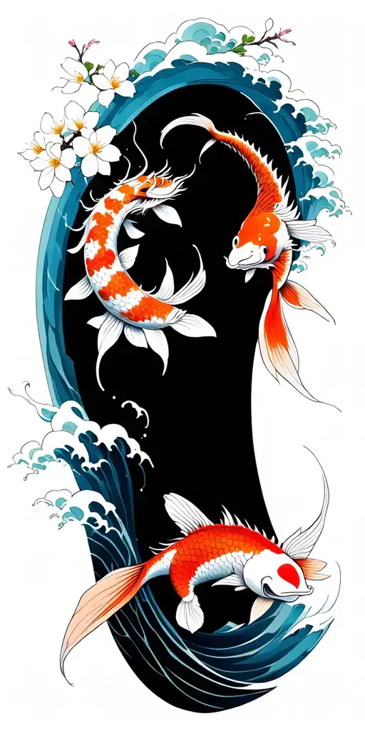 waves crashing in the background with cherry blossoms and koi fish turning into a dragon  tattoo design idea