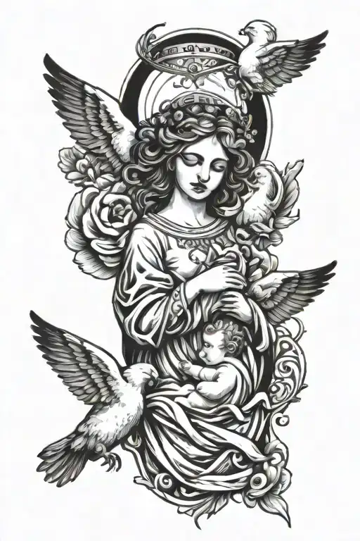 a sleeve tattoo of a angel with a halo over her head and a baby in her hand with doves flying above them tattoo design idea
