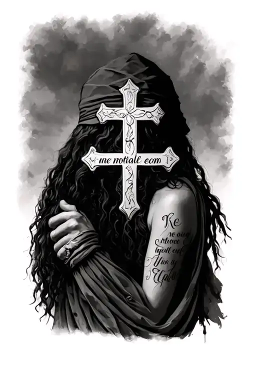 create a slave tattoo that has a christian cross on the inner forearm and on the back of my forarm the writing" ke motlo tattoo design idea