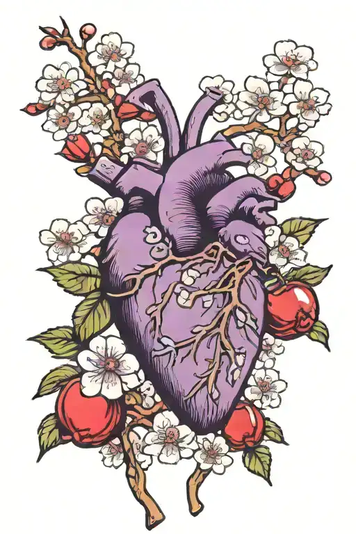 purple real human heart surrounded with cherry blossoms with ribbon wrapped arounnd it saying grandpa tattoo design idea