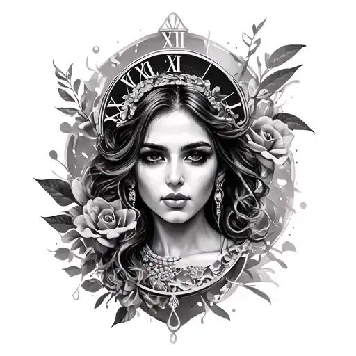 Create realistic and shaded tattoos, in black and gray, with elements related to time and people tattoo design idea