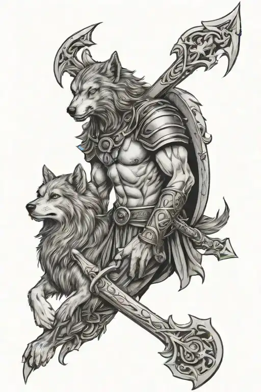 posiedon with his trident, wolf tattoo design idea