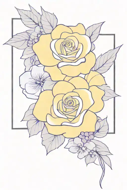 A yellow rose, purple hydrangeas, and a bluish purple orchid tied togther with a ribbon tattoo design idea
