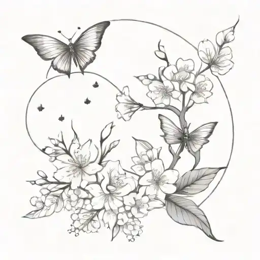a crescent moon with cherry blossoms, 3 hanging feathers and a flying butterfly tattoo design idea