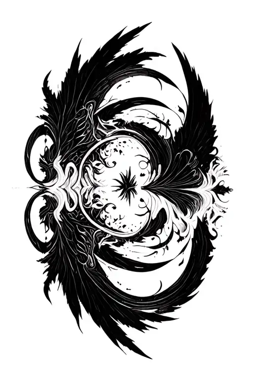 High contrast brush-like strokes dark aesthetic surrealist gothic blackwork wings ornamental abstract sigilism tattoo design idea