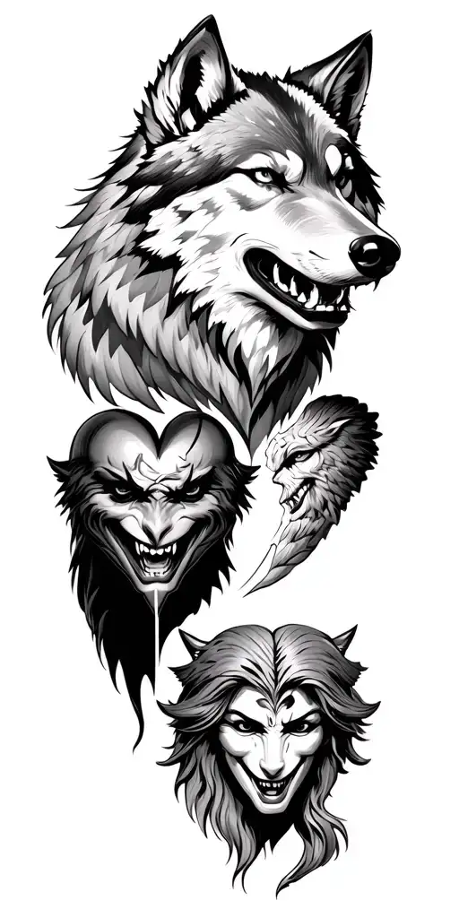 a wolf head, freedom and a broken heart half grinning and angel half smiling devil (give it character) tattoo design idea