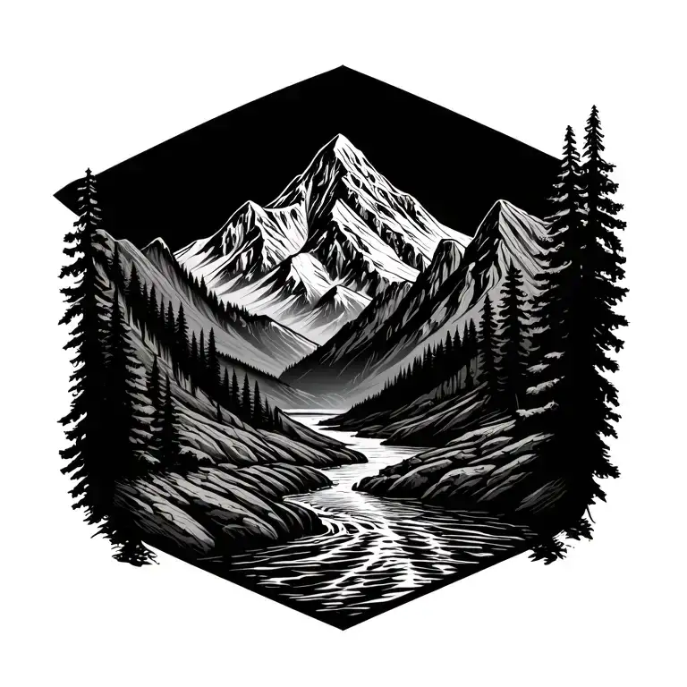 river surrounded my mountain range tattoo design idea